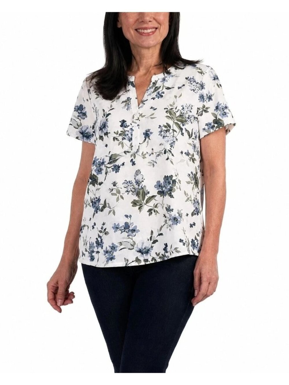 Hilary Radley Floral Print Short Sleeve Blouse XXL White & Blue Button-Front